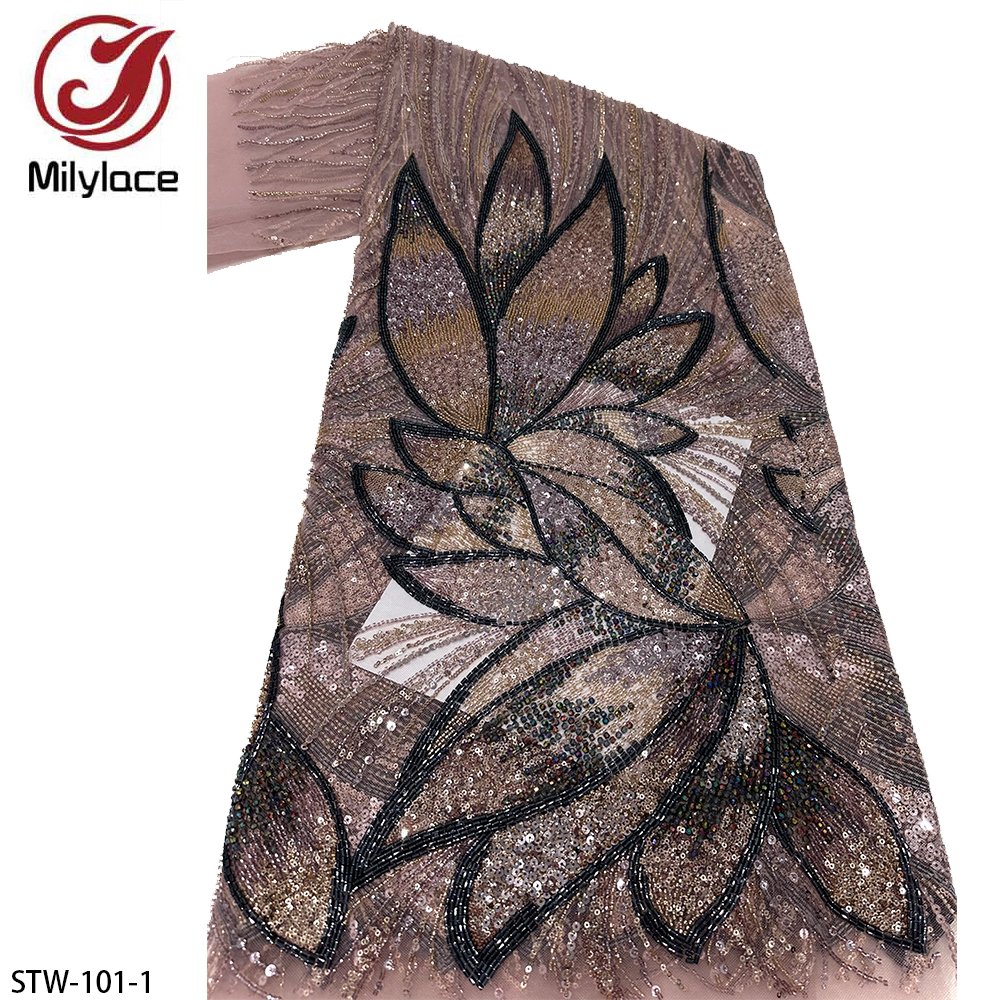 Women Bridal Tissu African Luxury Flower Embroidery Sequins Mesh Hand Beaded Lace Fabric