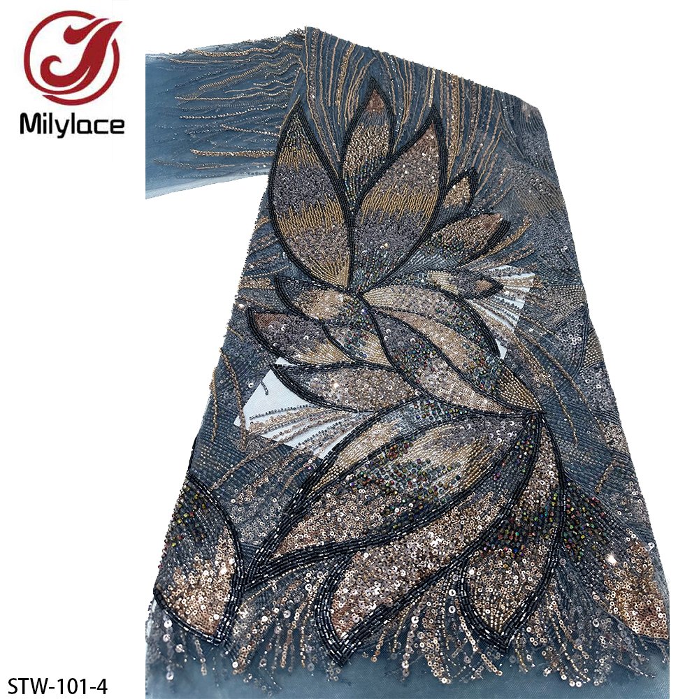 Women Bridal Tissu African Luxury Flower Embroidery Sequins Mesh Hand Beaded Lace Fabric