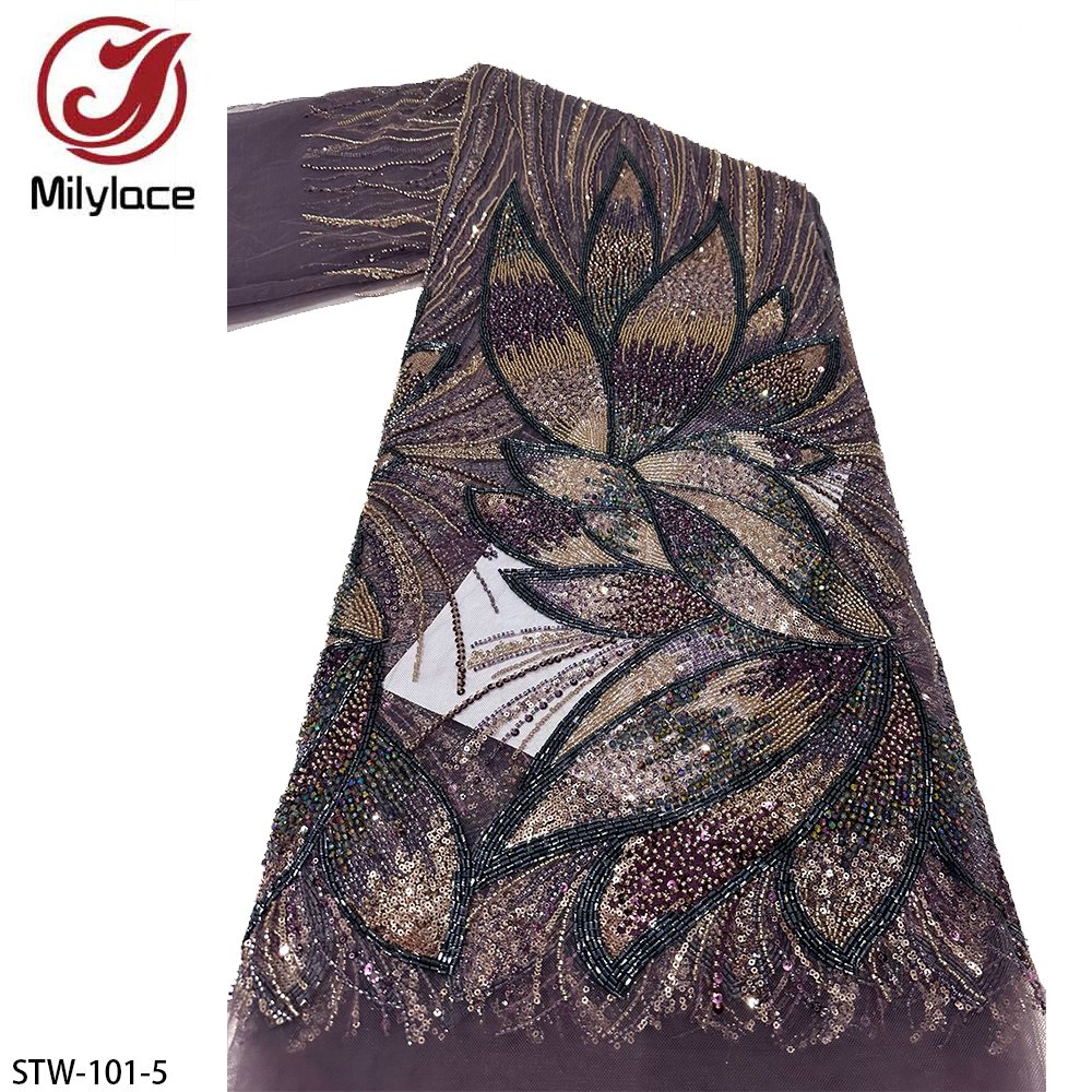 Women Bridal Tissu African Luxury Flower Embroidery Sequins Mesh Hand Beaded Lace Fabric