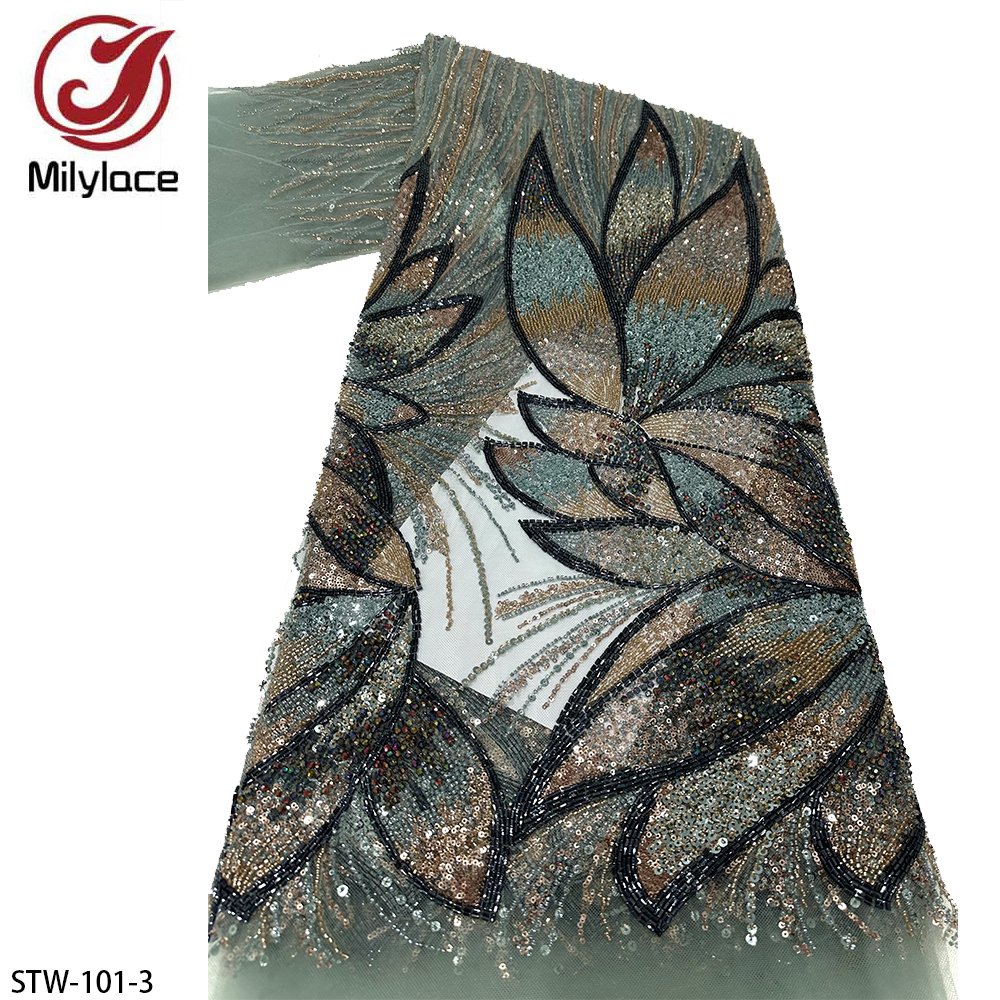 Women Bridal Tissu African Luxury Flower Embroidery Sequins Mesh Hand Beaded Lace Fabric