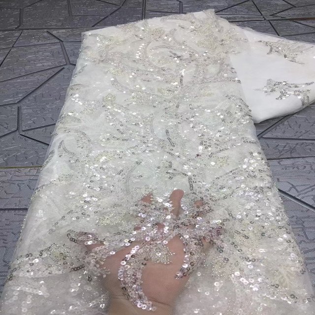 newly design high quality african embroidery lace with sequin beaded tulle fabric for weddings