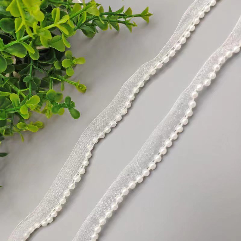 Hot selling 1.2cm organza ribbon high quality ribbon fabric with beads for clothing dresses hats