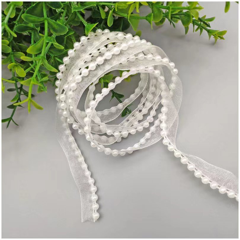 Hot selling 1.2cm organza ribbon high quality ribbon fabric with beads for clothing dresses hats