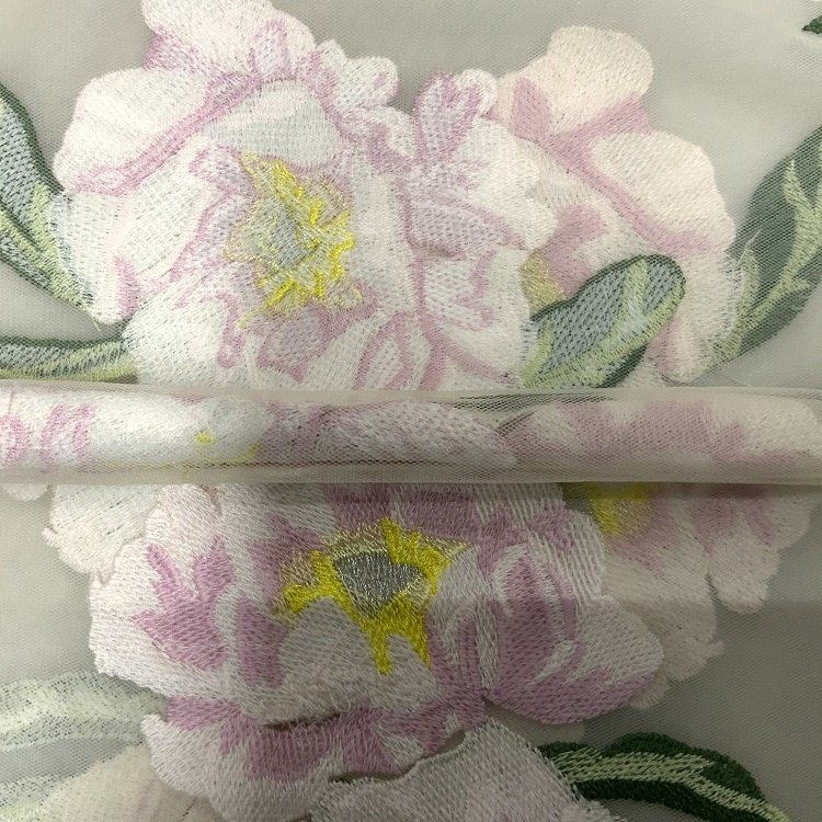 Polyester nylon pink rose floral lace mesh embroidered fabric embroidery for wedding dress