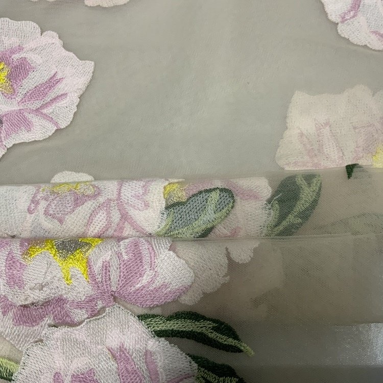Polyester nylon pink rose floral lace mesh embroidered fabric embroidery for wedding dress