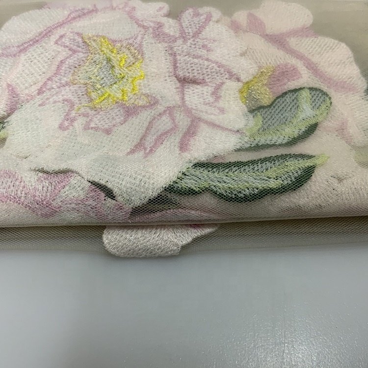 Polyester nylon pink rose floral lace mesh embroidered fabric embroidery for wedding dress