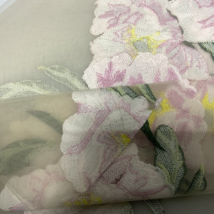 Polyester nylon pink rose floral lace mesh embroidered fabric embroidery for wedding dress