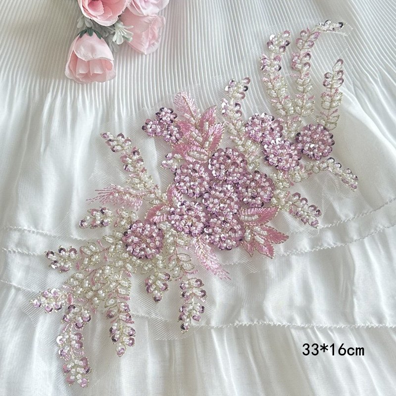 3 d flower Polyester Chemical Embroidery beaded Lace Applique heavy sequins patches For Dress