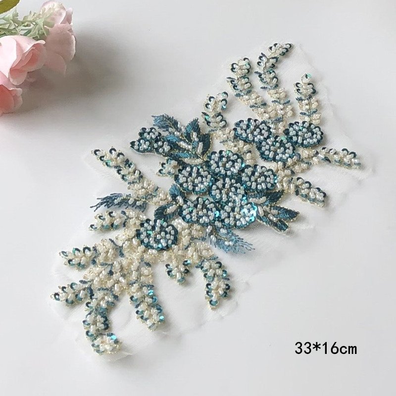 3 d flower Polyester Chemical Embroidery beaded Lace Applique heavy sequins patches For Dress