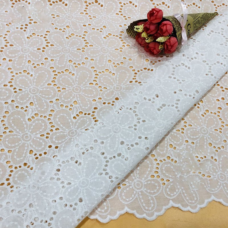 China Fabric Supplier Floral Embroidery Lace Fabric White Eyelet Embroidery Cotton Fabric For Women Dress