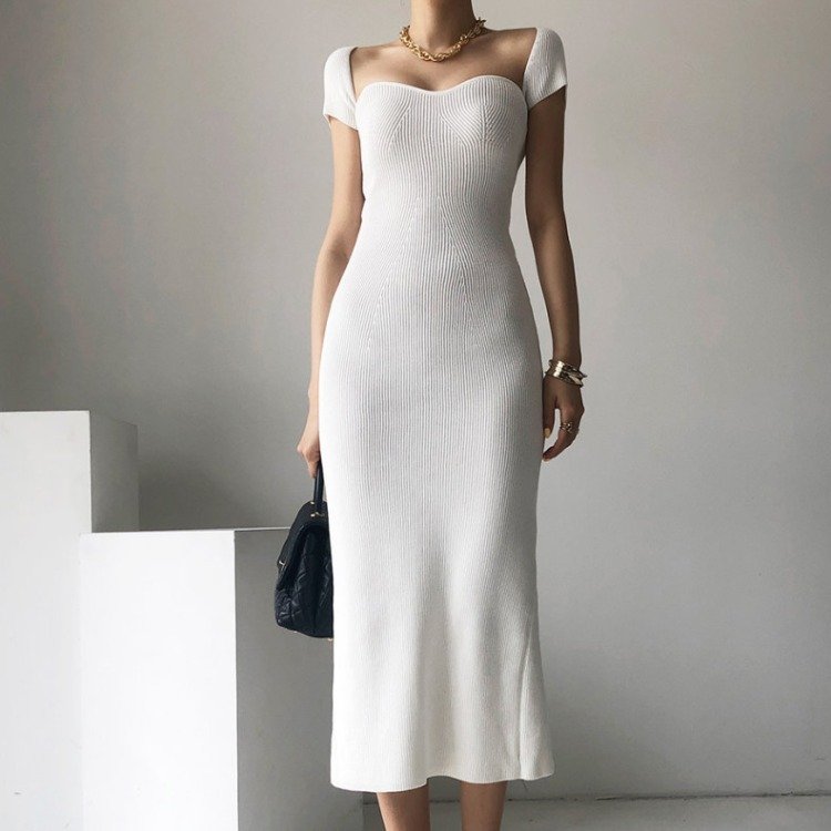 Summer Custom knitted dress Ladies Sexy Cut Out Neck Winter Ribbed Women Bustier rib Knit maxi Long Sweater Dress