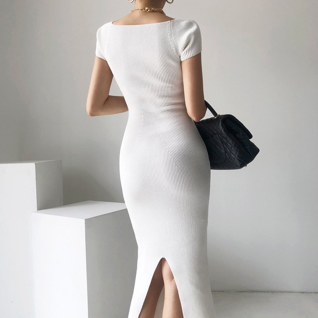 Summer Custom knitted dress Ladies Sexy Cut Out Neck Winter Ribbed Women Bustier rib Knit maxi Long Sweater Dress