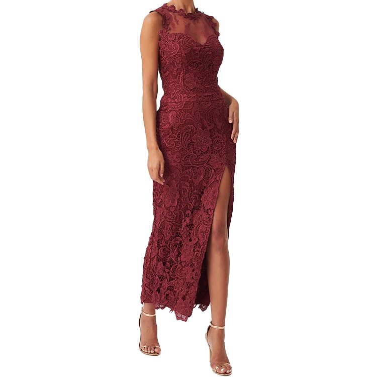 Fashion Women V-neck Sleeveless Black Lace Slit Dress Print Slim Long Party Dress for Ladies