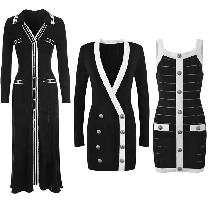 Custom Women Chic Black Sweater Dress Outfits Clothes V-neck Autumn Winter Elegant Ribbed Knitted Bodycon Dress