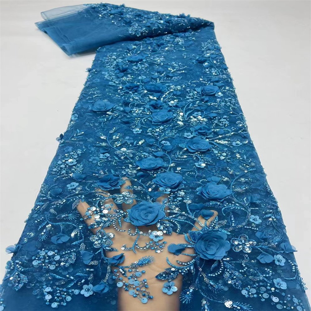 2024 Luxury Floral Embroidery Fabric with 3D Flowers Beaded Lace Sparkling Sequins for Wedding Dresses