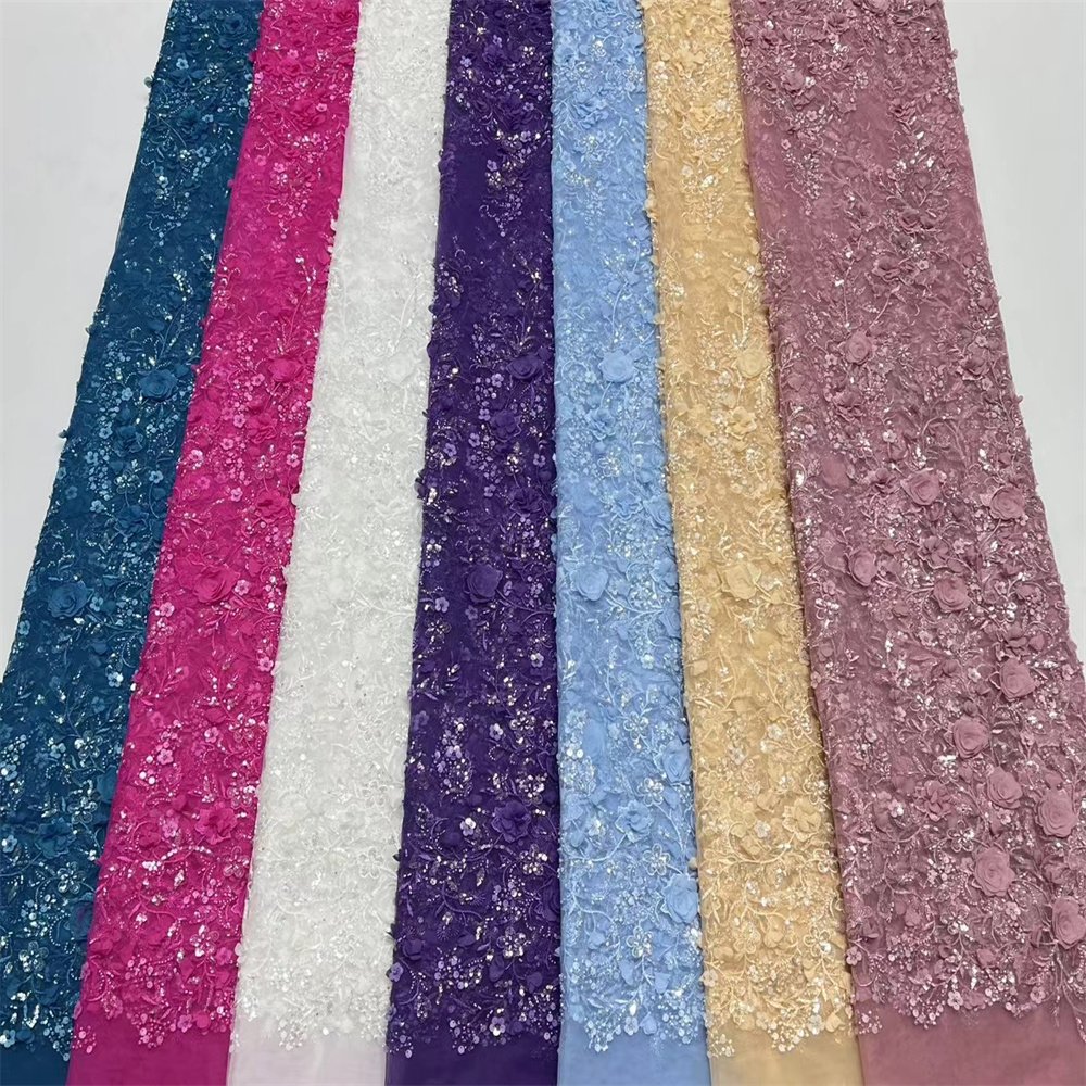2024 Luxury Floral Embroidery Fabric with 3D Flowers Beaded Lace Sparkling Sequins for Wedding Dresses