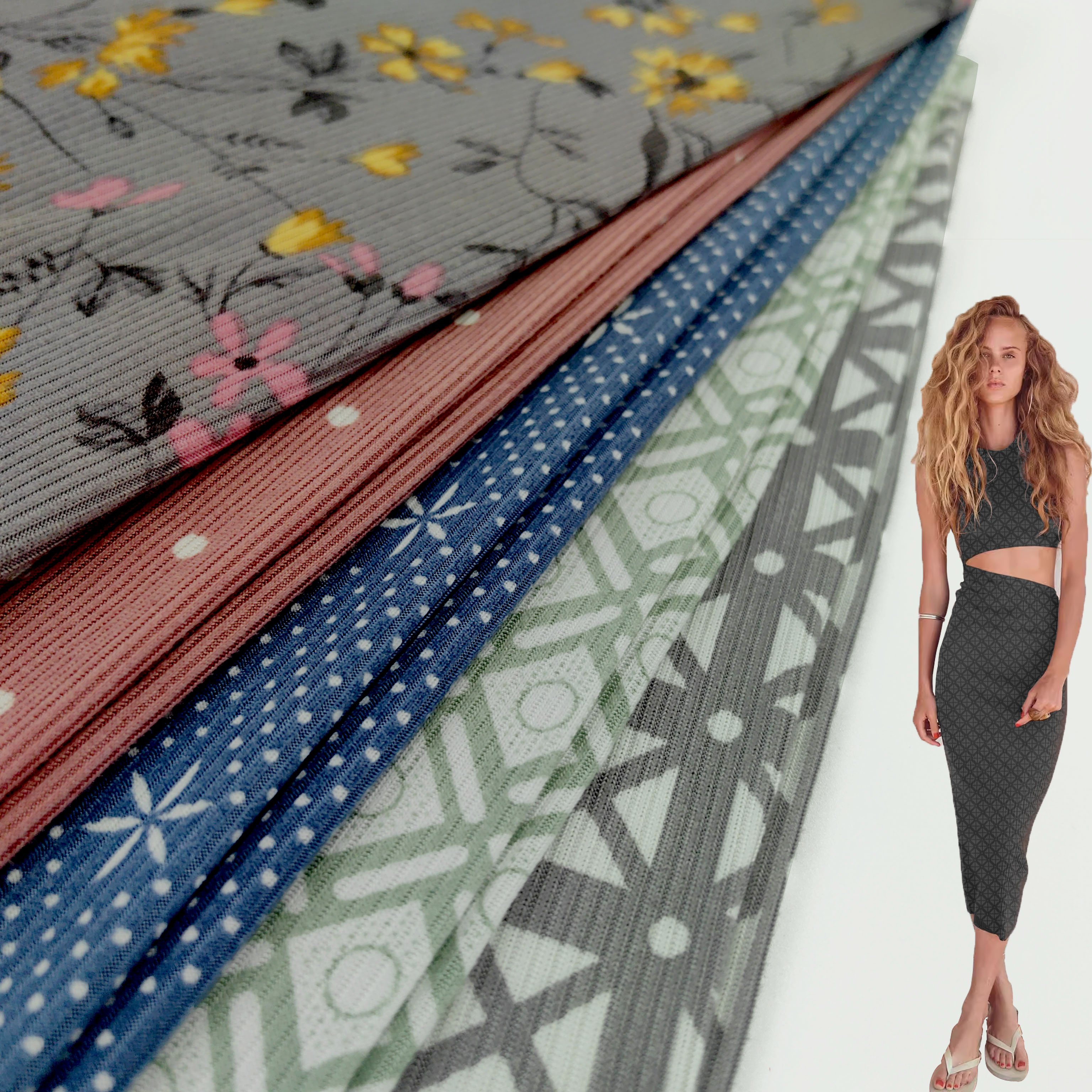 CUSTOMIZE KNITTED RIB 2X2 FABRIC 100% polyester spandex stretch FABRIC for women garment 95% poly 5%span