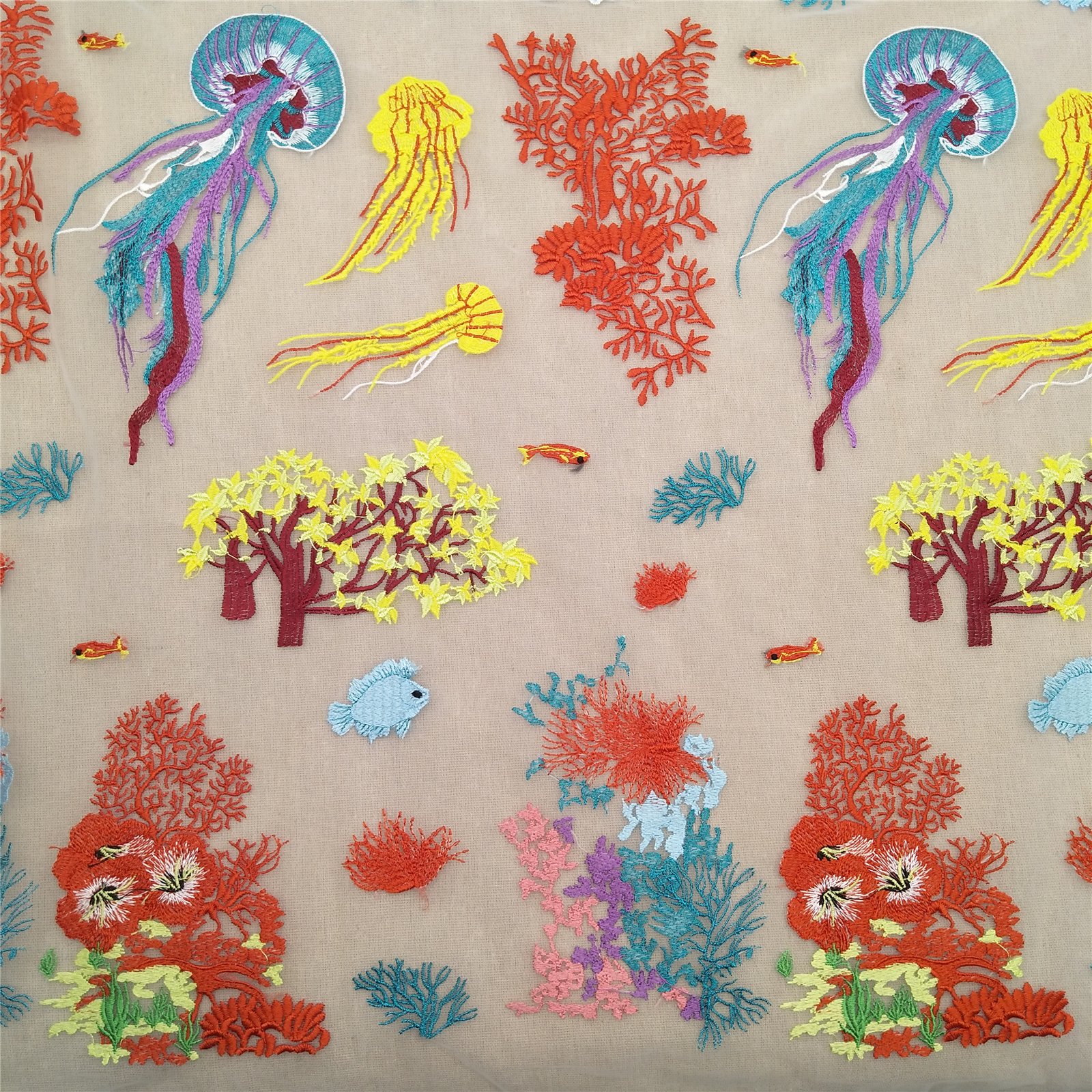 Sea Animal Fish Design Tulle White Jellyfish Animal Design Fashion Embroidery Lace Fabric