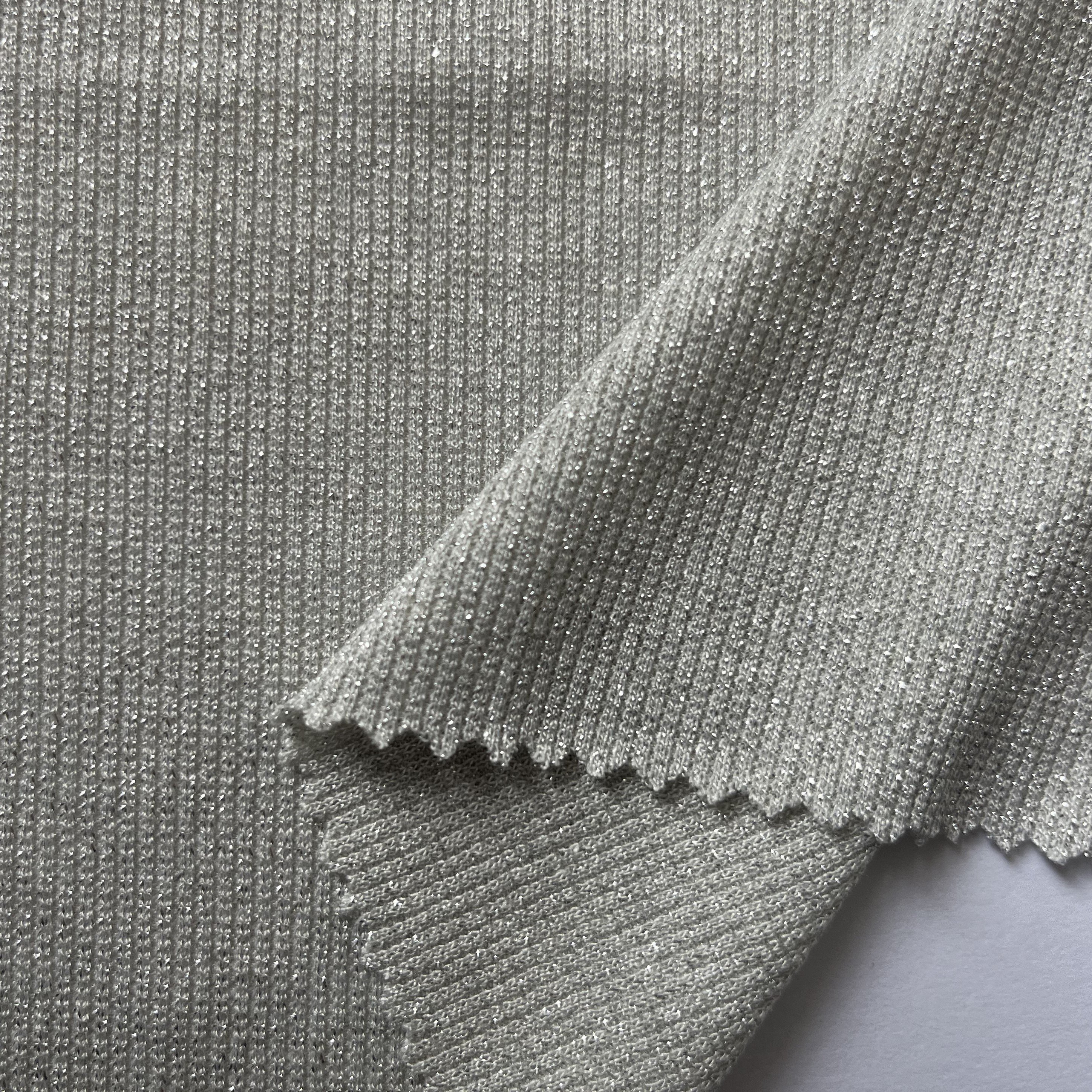 Shiny Colorful Lurex Spandex Fabric for Girls Stretch Rib Metallic Gold/Silver Knit Yarn Polyester with Dye-Pattern