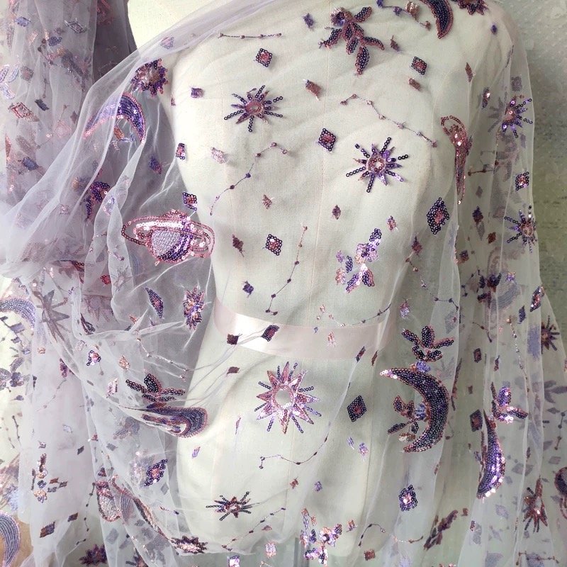 Factory High Quality Embroidery Star Moon Bead Embroidery Heavy Embroidery Lace Fabric Sequin Lace Fabric