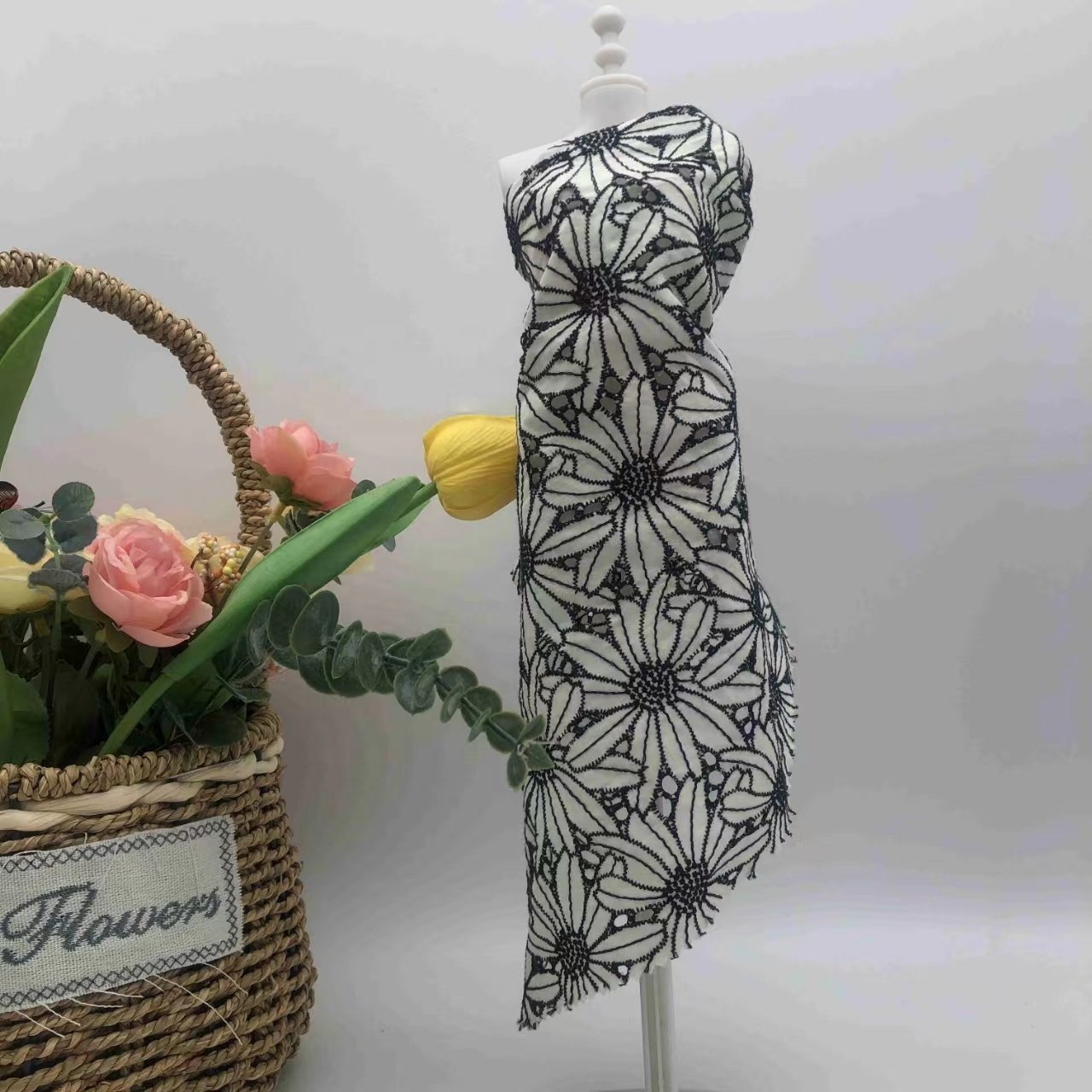 Jiede Black White Ivory Swiss 100% Cotton Eyelet Voile double color floral embroidery lace fabric