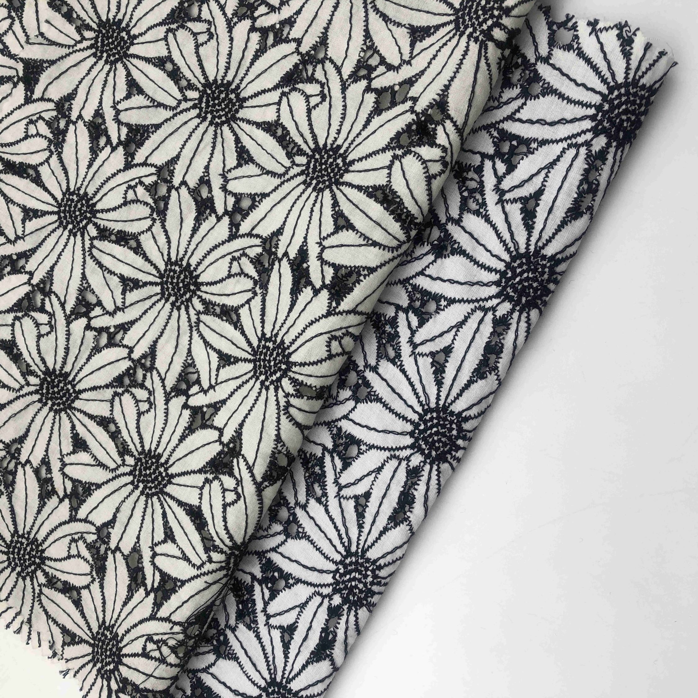 Jiede Black White Ivory Swiss 100% Cotton Eyelet Voile double color floral embroidery lace fabric