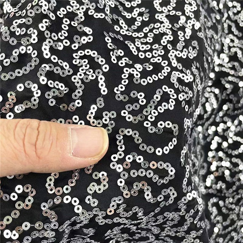 2022 New Polyester 4 ways Stretch Knit Sequins Blue Embroidery Fabric For Dancewear Dress Costume Cloth Decoration,Width:130cm