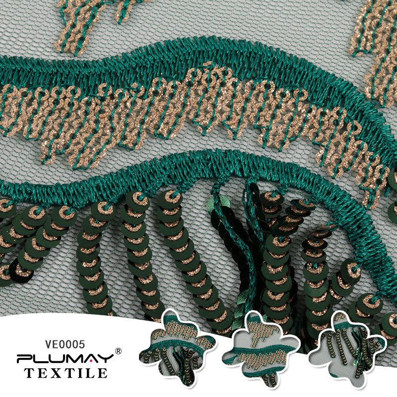 100%Polyester green tassel fabric glitter sequin embroidered mesh lace fabric for dress