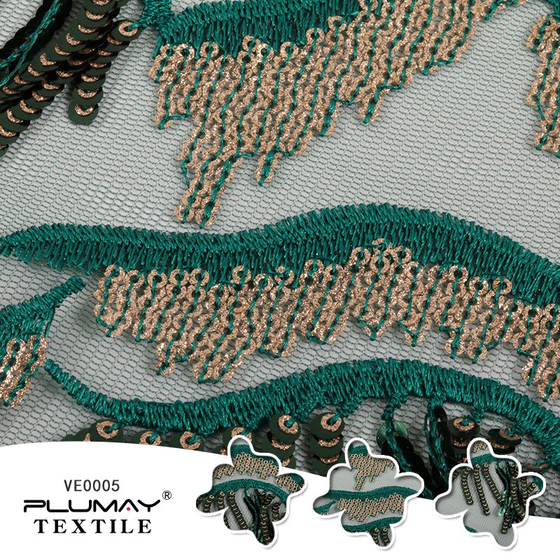 100%Polyester green tassel fabric glitter sequin embroidered mesh lace fabric for dress
