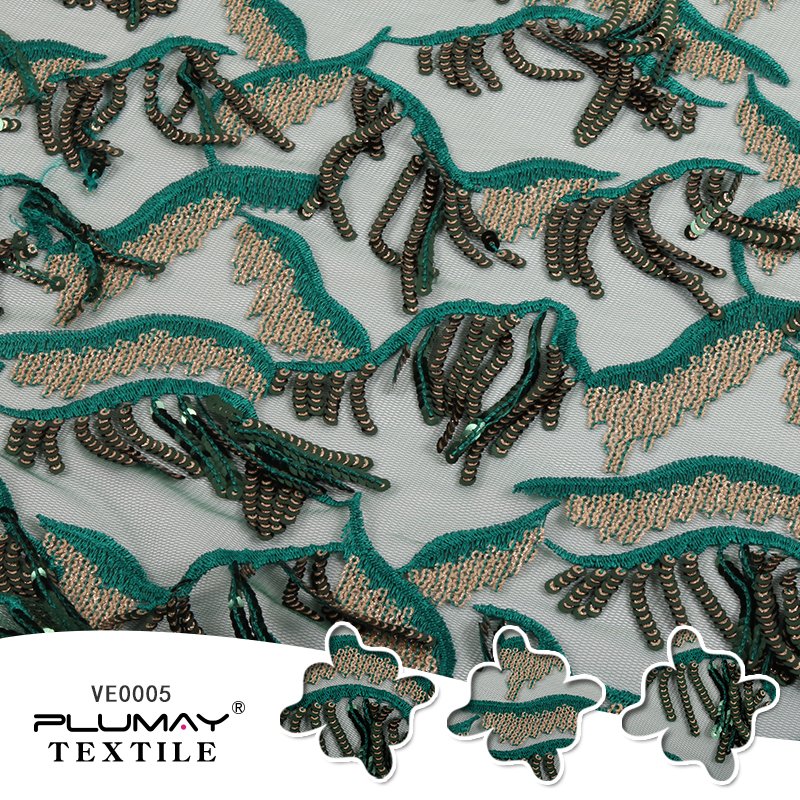 100%Polyester green tassel fabric glitter sequin embroidered mesh lace fabric for dress