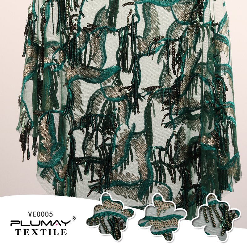 100%Polyester green tassel fabric glitter sequin embroidered mesh lace fabric for dress