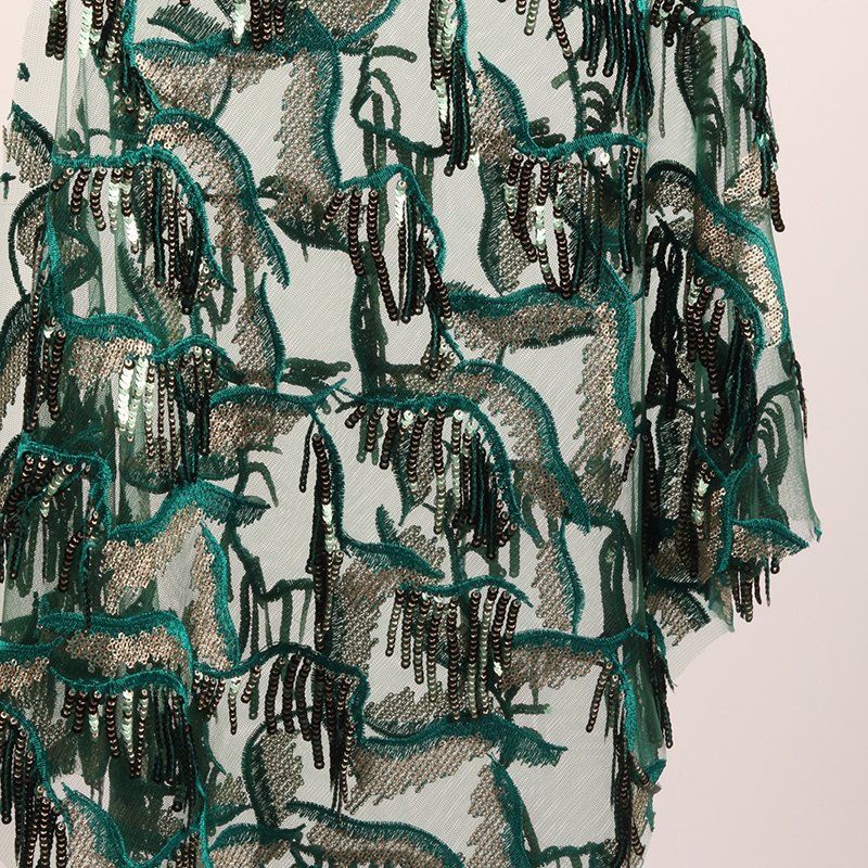100%Polyester green tassel fabric glitter sequin embroidered mesh lace fabric for dress