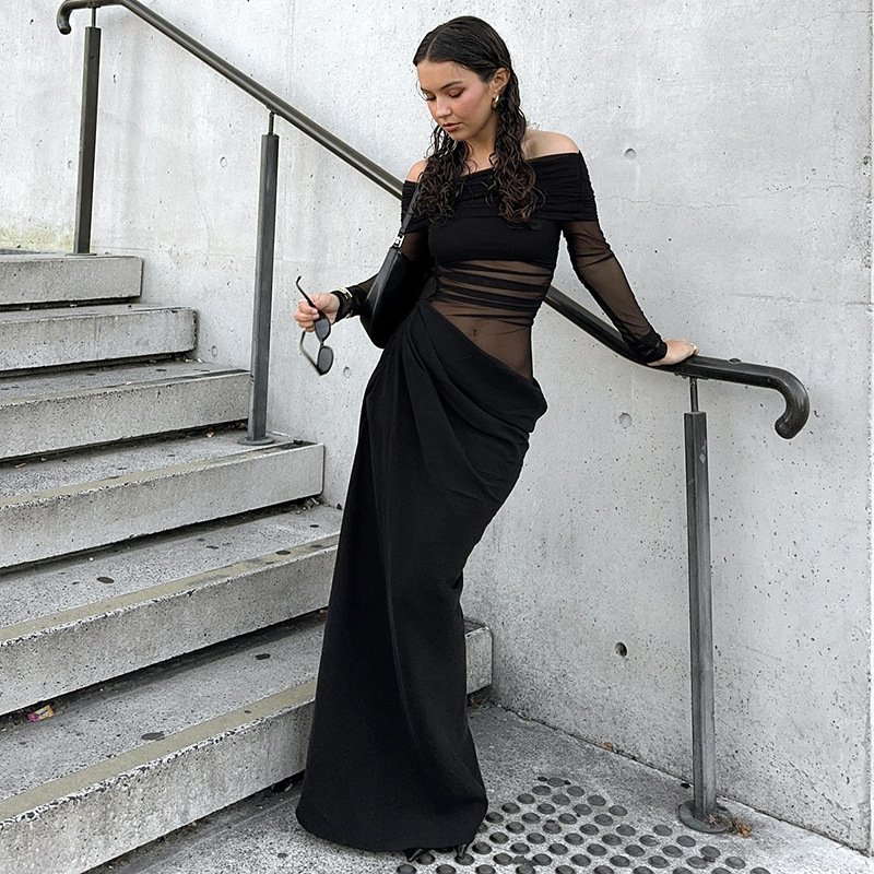 Peeqi Y24DS274 fashion 2024 autumn streetwear solid patchwork long sleeve backless off shoulder dress sexy maxi dress women lady