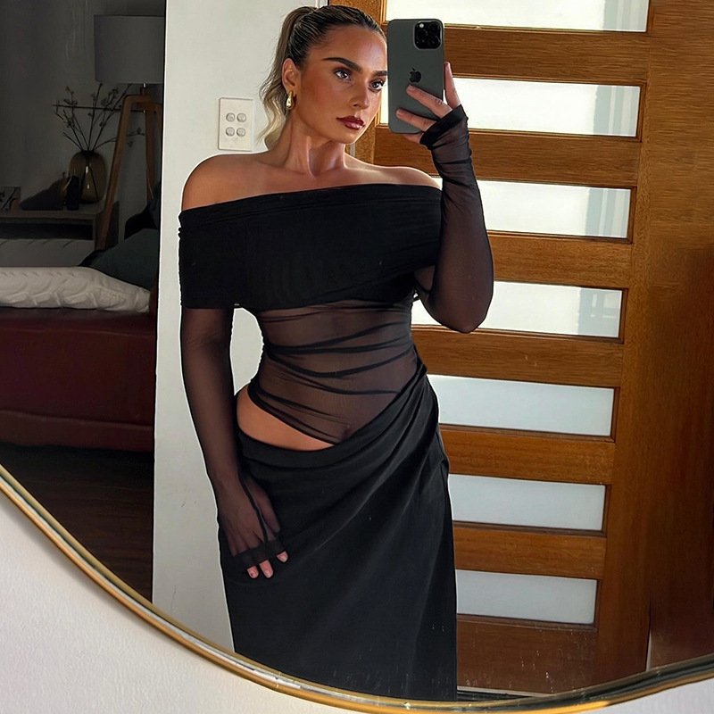 Peeqi Y24DS274 fashion 2024 autumn streetwear solid patchwork long sleeve backless off shoulder dress sexy maxi dress women lady