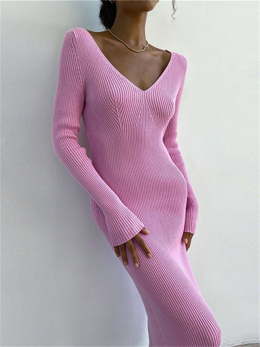 Winter Knit Rib Wrap Midi Pencil Dress for Women Casual Simple Style Long Sleeve V-Neck