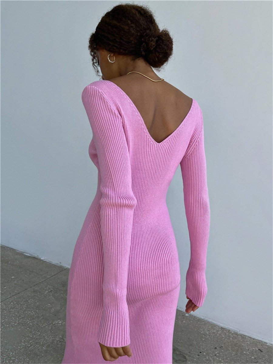 Winter Knit Rib Wrap Midi Pencil Dress for Women Casual Simple Style Long Sleeve V-Neck