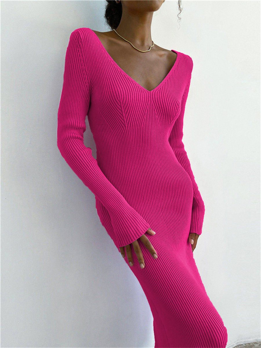 Winter Knit Rib Wrap Midi Pencil Dress for Women Casual Simple Style Long Sleeve V-Neck