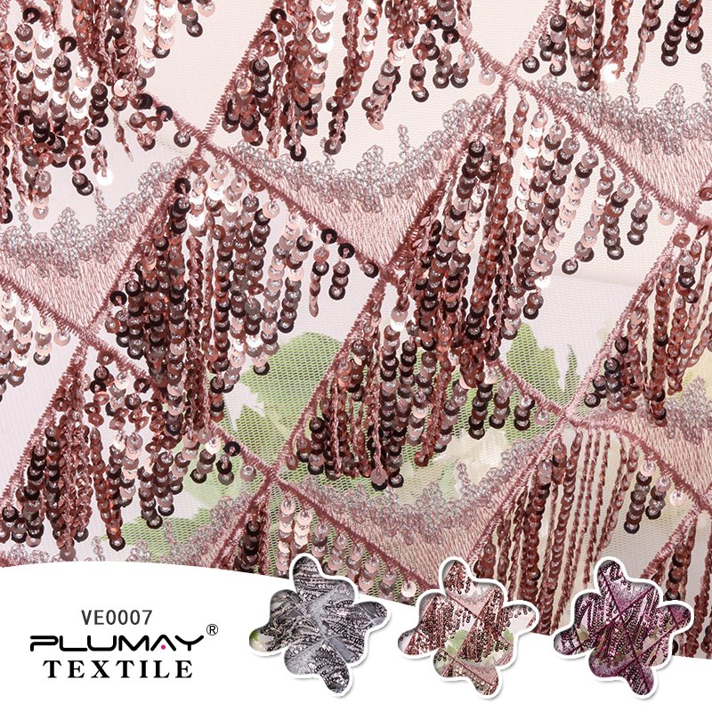 100%Polyester stretch lace tassel sequin embroidered fabric for garment glitter clothing textile custom elastic fashion
