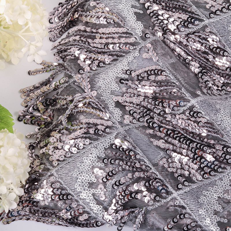 100%Polyester stretch lace tassel sequin embroidered fabric for garment glitter clothing textile custom elastic fashion