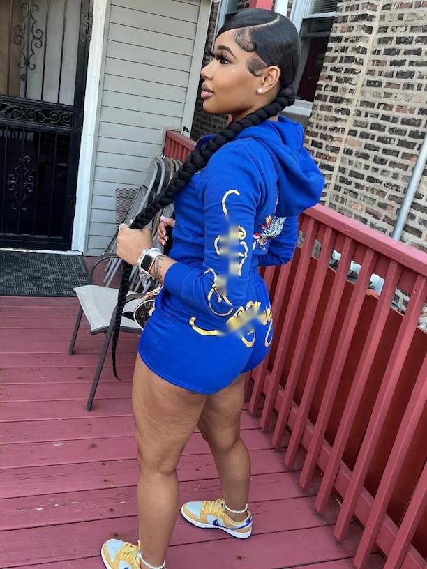 C1226 Pattern Print Long Sleeve Zipper Hoodie With Shorts Set plus size 2 piece sweater set
