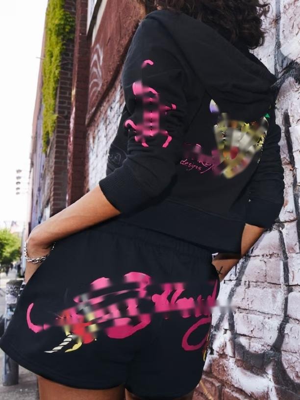 C1226 Pattern Print Long Sleeve Zipper Hoodie With Shorts Set plus size 2 piece sweater set