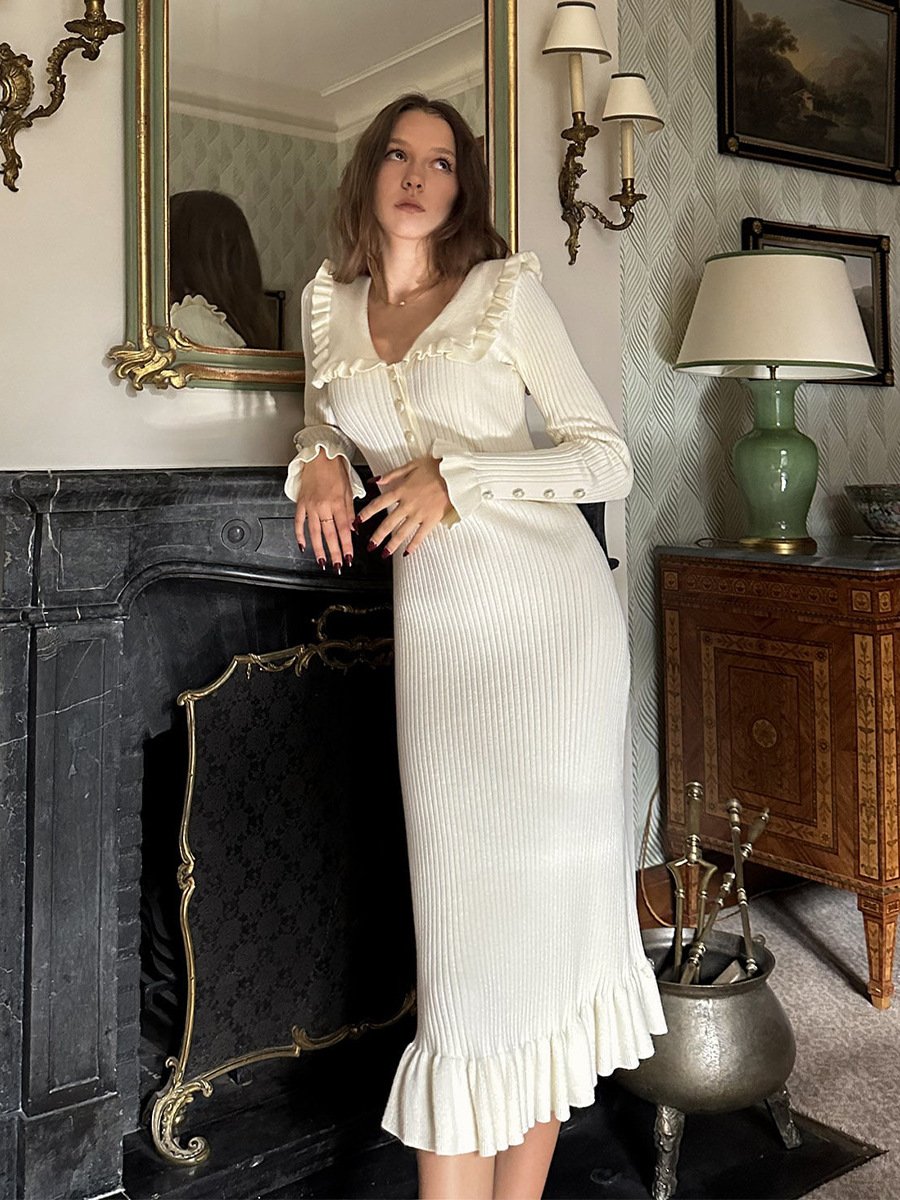 Women's Vintage Dress Women Autumn Winter Knitted Slim Long Dress Woman Retro Elegant High Waist Ruffled Maxi Dresses