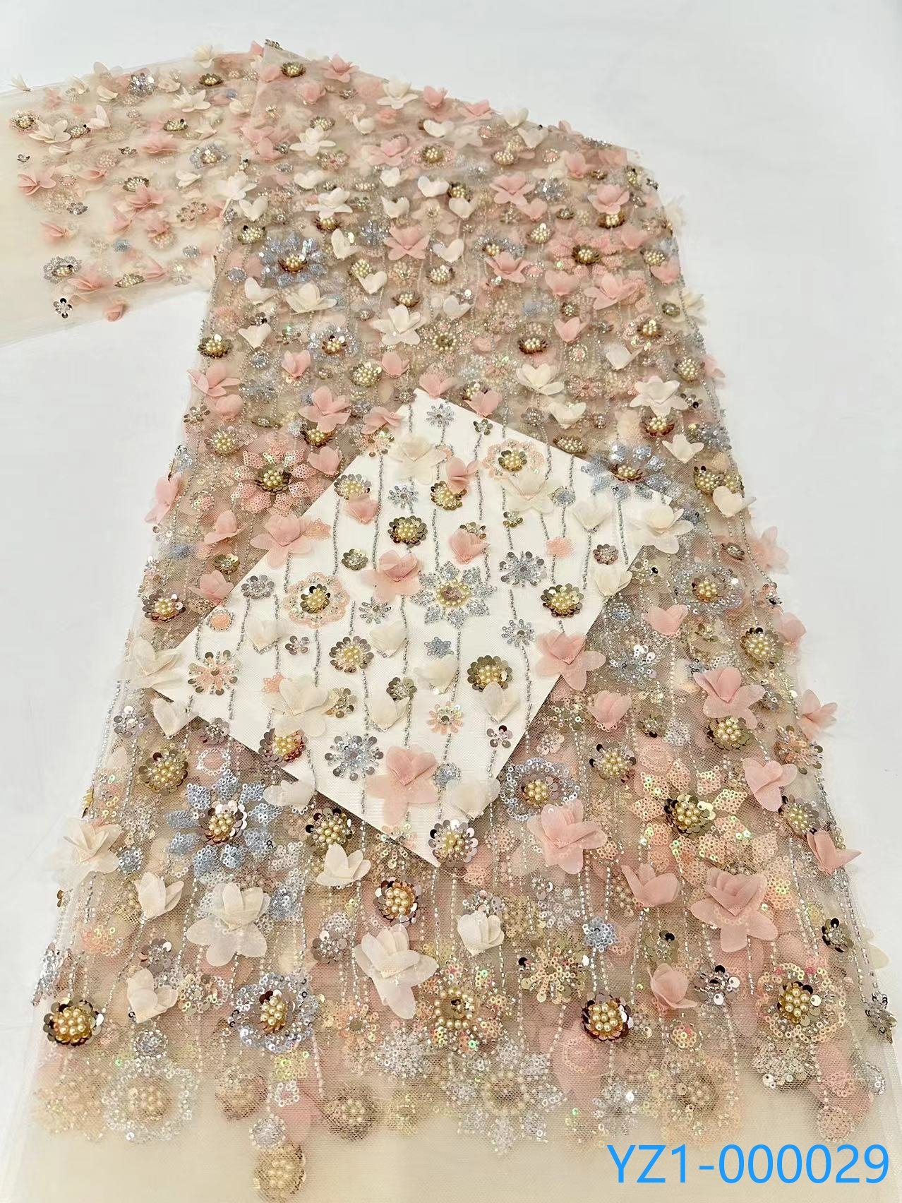 Factory Supply Wholesale Rose Gold Flowers Full Bridal Lace Fabric Beaded Embroidery Sequin Fabric For Bridal Dress