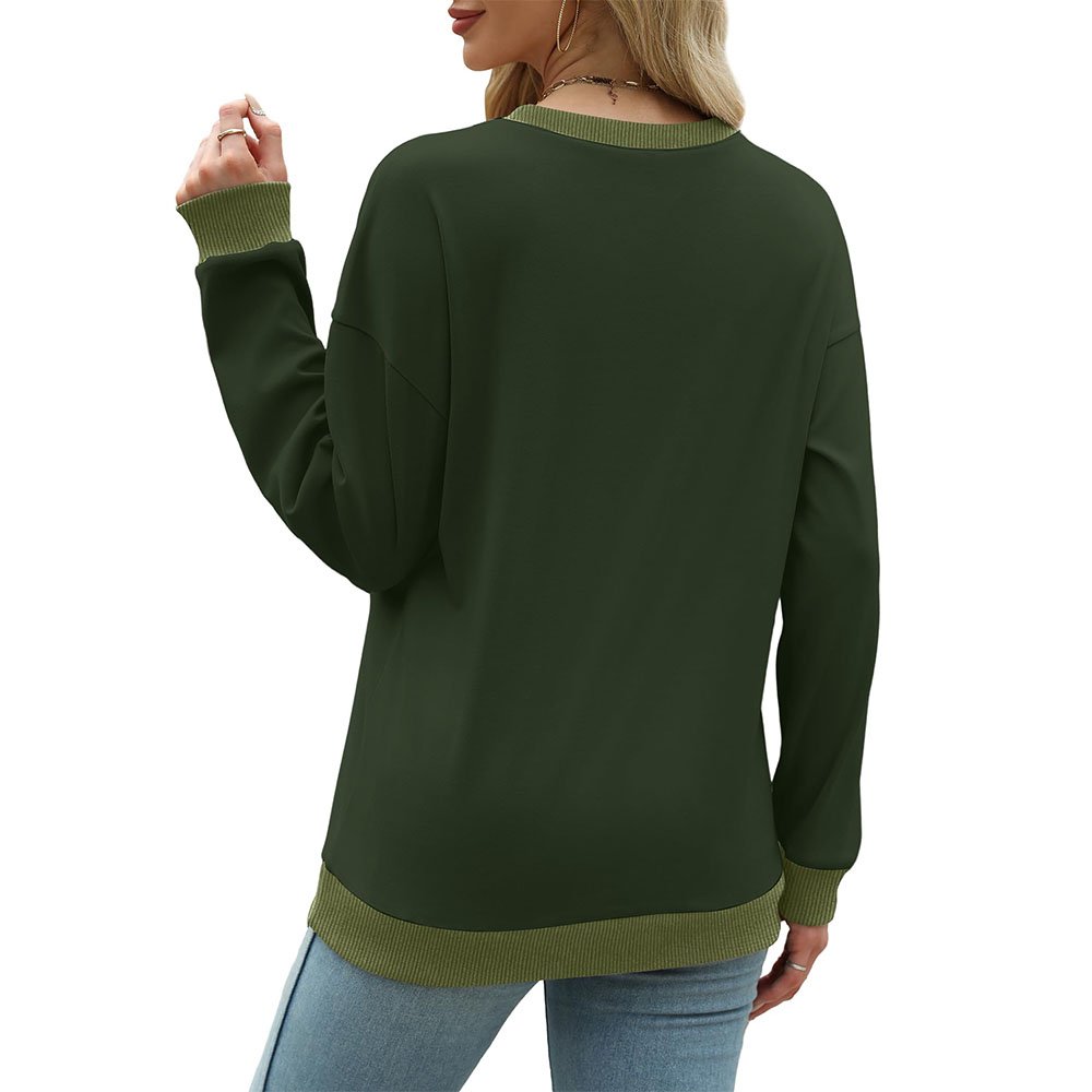 Pullover for Women Crew neck Long Sleeve Loose Fit Tops Color Block Ribbed Trim Fashion
