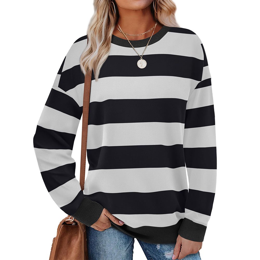 Pullover for Women Crew neck Long Sleeve Loose Fit Tops Color Block Ribbed Trim Fashion