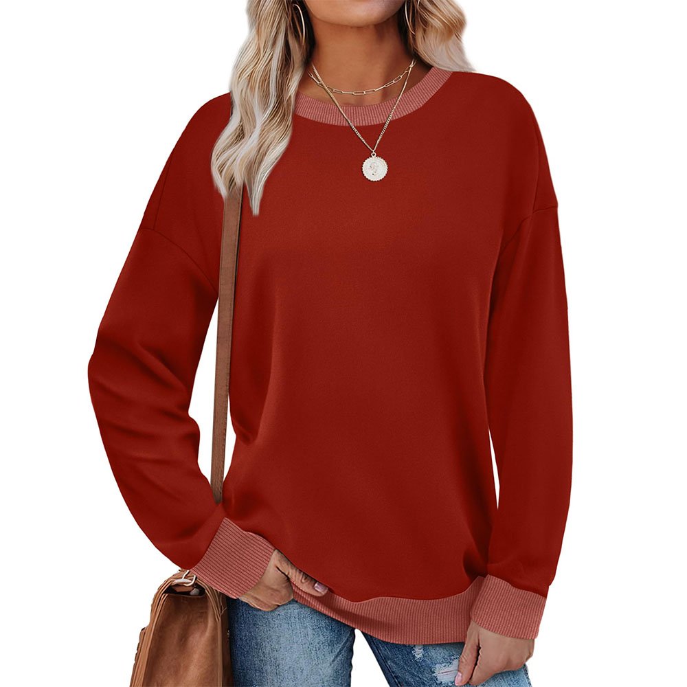 Pullover for Women Crew neck Long Sleeve Loose Fit Tops Color Block Ribbed Trim Fashion