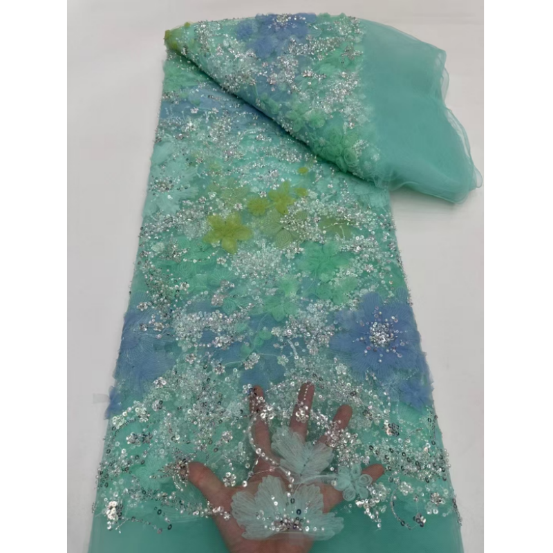 YZ Embroidery Stock Colorful Flower Beaded Lace Fabrics Sequins Net Lace Fabrics Sequence Lace For Wedding Party Dress