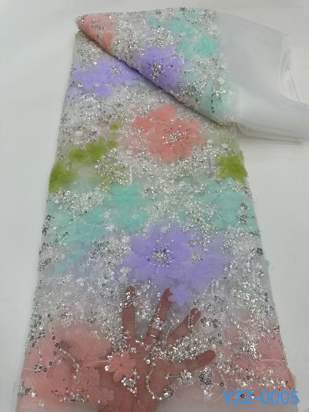 YZ Embroidery Stock Colorful Flower Beaded Lace Fabrics Sequins Net Lace Fabrics Sequence Lace For Wedding Party Dress