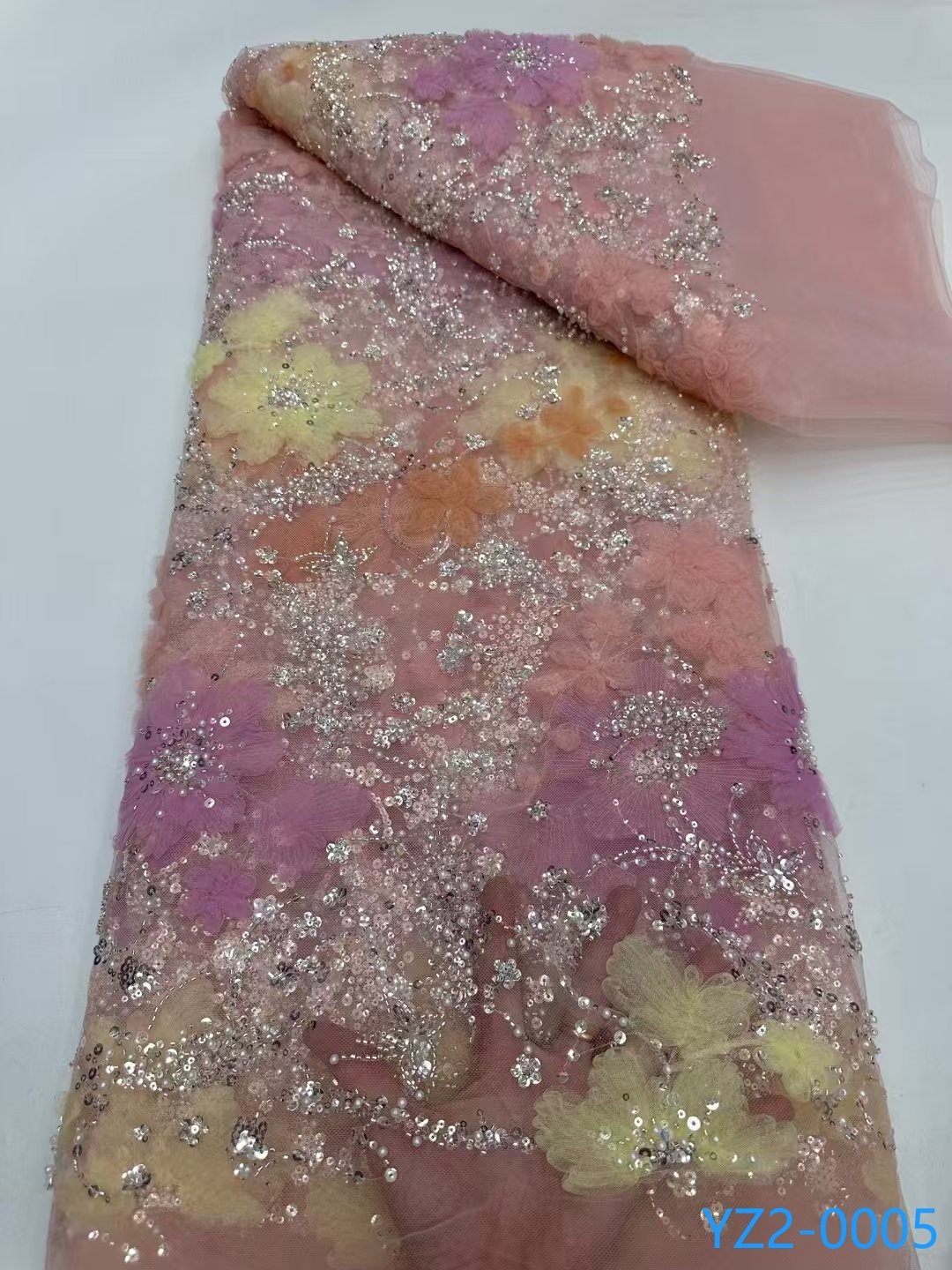 YZ Embroidery Stock Colorful Flower Beaded Lace Fabrics Sequins Net Lace Fabrics Sequence Lace For Wedding Party Dress