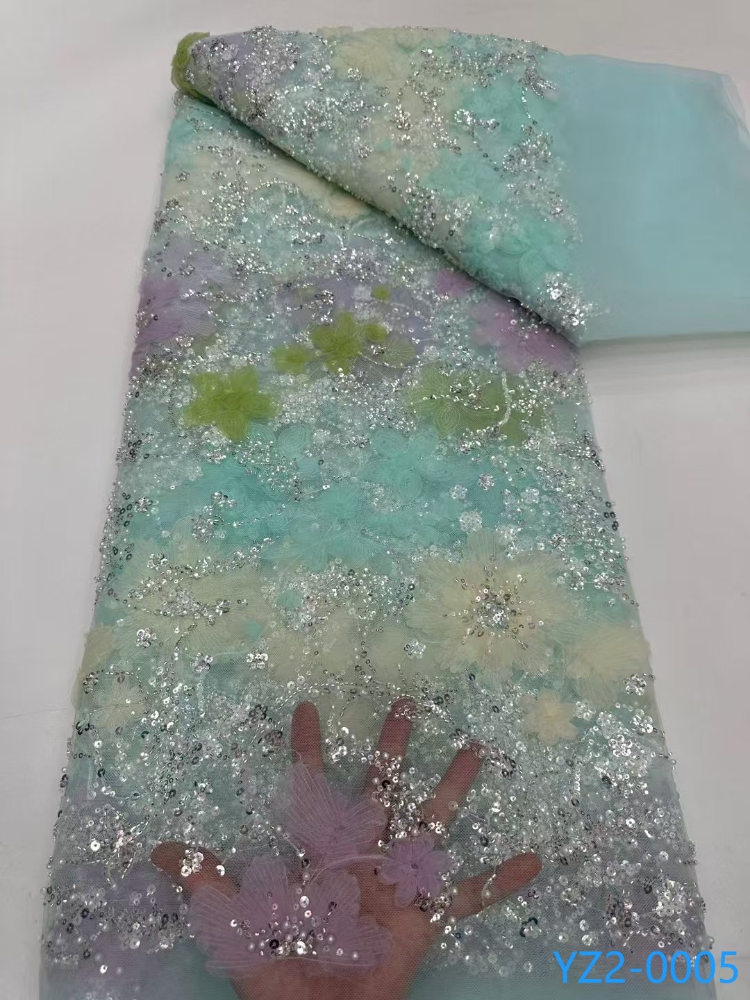 YZ Embroidery Stock Colorful Flower Beaded Lace Fabrics Sequins Net Lace Fabrics Sequence Lace For Wedding Party Dress